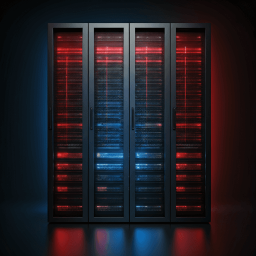 Abstract visualization of complex data center server racks with blue and red neon lighting, representing powerful computing infrastructure.